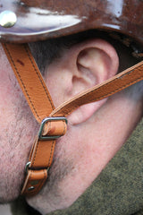 Handmade leather harness on Black Walnut burl Madera helmet