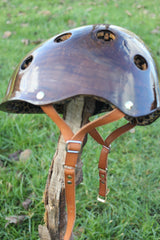 Handmade leather harness on Black Walnut burl Madera helmet